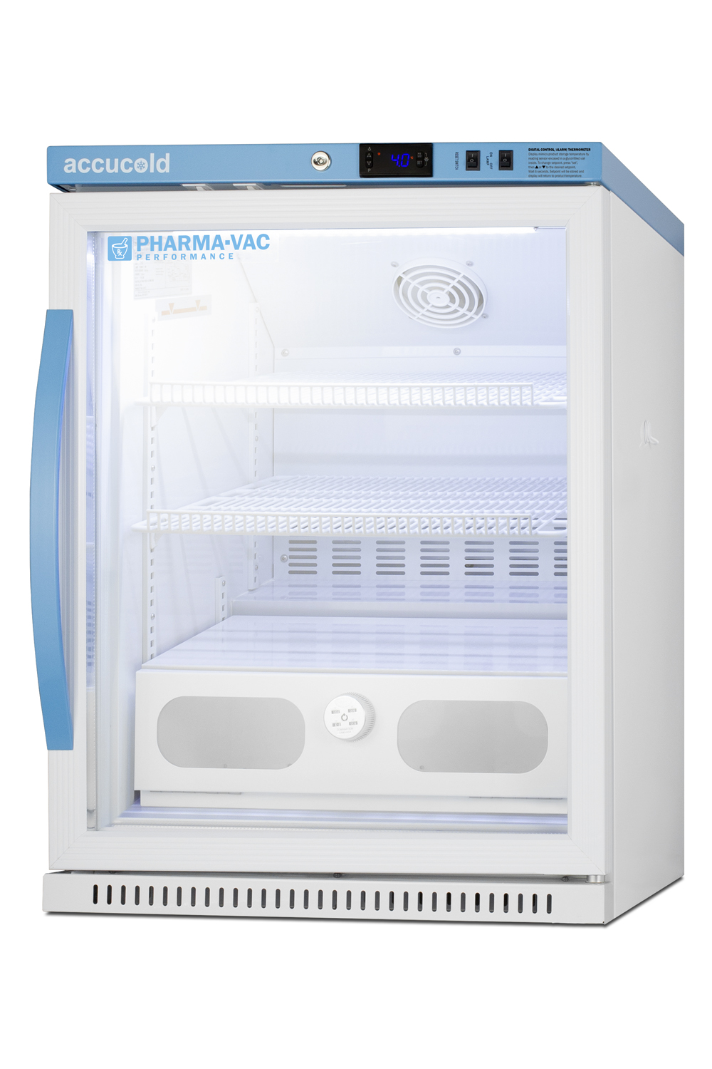 Interior locking compartment with combination lock and front windows for use with select Accucold and Summit refrigerators